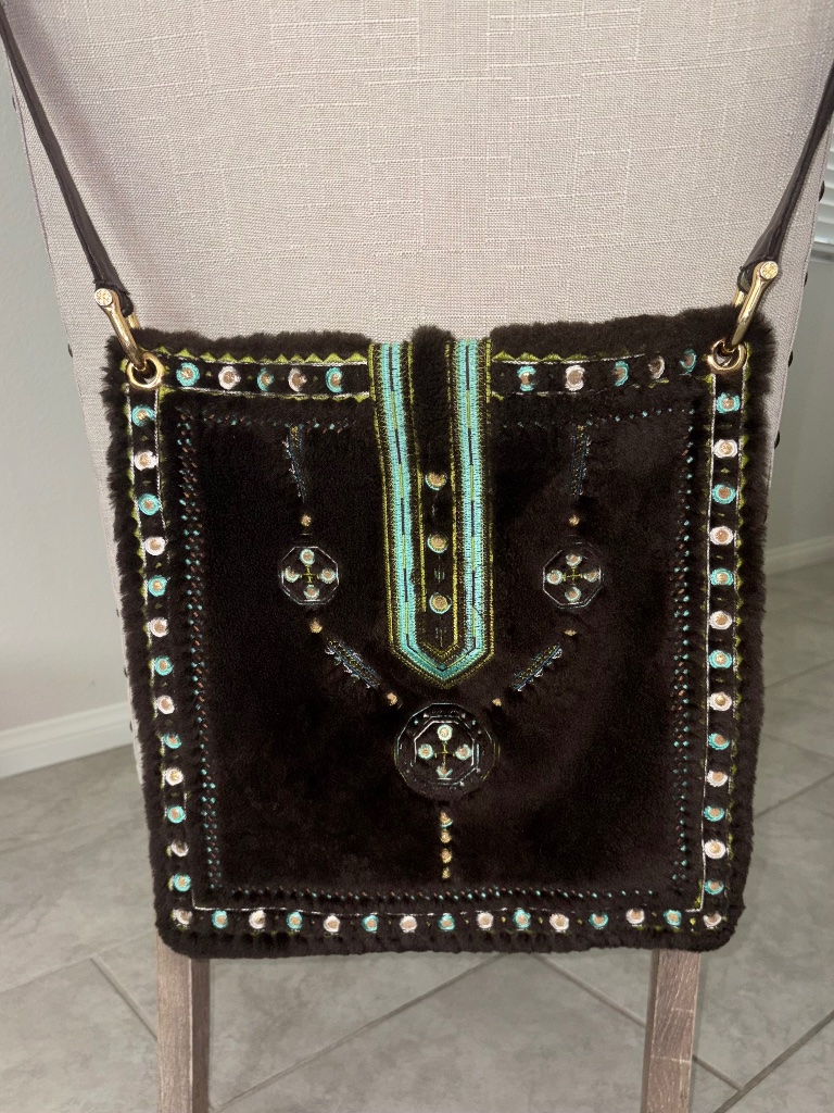 Vintage Tory Burch Brown Sheepskin Shoulder Crossbody Embroidered Geometric Bag